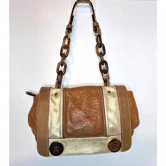 MILLY SOPHIA SHOULDER BAG BROWN GOLD TAN LEATHER RESIN CHAIN STRAP MSRP $395 - Picture 1 of 11